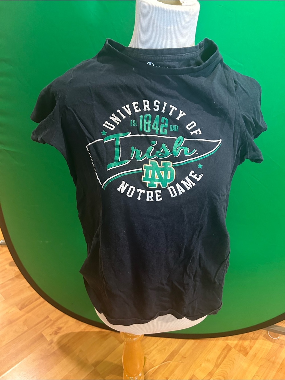Champion Kids Black T-Shirt with Green & White Notre Dame 'Irish' Logo